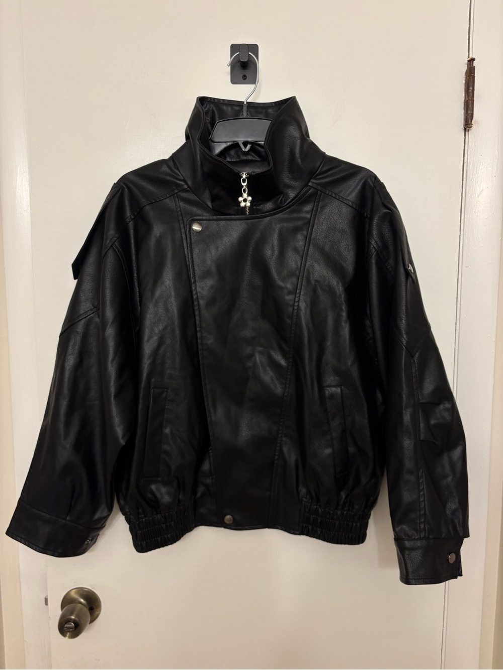 NWT Lisa Says Gah Frankle Jacket Black Faux Leather Bomber Polka Dot Medium